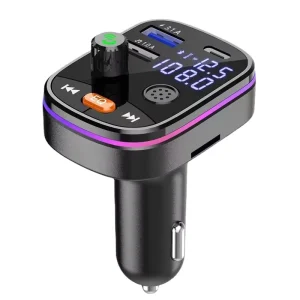 BT5.0 USB-C Car Charger Adapter, QC3.0, PD15W, TF Card Reader, 2 USB Ports, Hands-Free Calling, Ambient Light