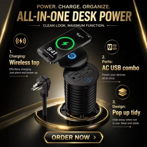 Black ABS 3 Inch Desk Power Grommet Wireless Charger 20W USB C Fast Charging 2 AC Outlets Flush Mount Recessed Power Strip