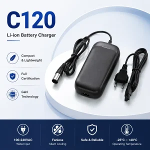 C120 100 240V Li ion Battery Charger for Electric Scooter Unicycle Fanless Design GaN Compact Charger ETL TUV SAA KC CE CCC