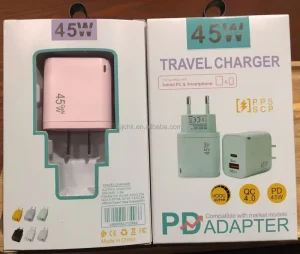 CE ROHS Certified GaN US Plug 2-Port A+C PD45W Fast Charger for iPad iPhone Laptop & Camera