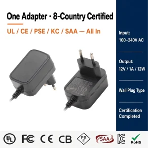 CE RoHS Certified 12V 1A Power Adapter EU Standard 12W Wall AC DC Power Supply for Electrical Devices