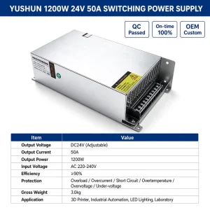CERoHS 1200W 24V50AAdjustable SMPS 90% Efficiency with Overload Overcurrent Short Circuit Overvoltage Protection 5 Year Warranty