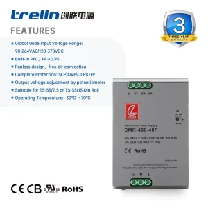 CMR-480 480W 24V 48V DIN Rail Power Supply Fanless PF>0.95 for Industrial Equipment CE RoHS