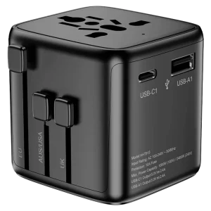 Compact Multi-Plug Universal Travel Adapter with 1 USB-A and 1 Type-C Fireproof Material CE Certified
