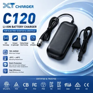 Custom OEM GaN Tech C120 Lithium Battery Charger for Electric Unicycle Scooter Fanless Cooling ETL CB PSE KC