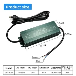 Custom Plug and Cable IP67 Waterproof AC110-130V Input Suitable for Indoor and Outdoor Use of LED Strip Lights