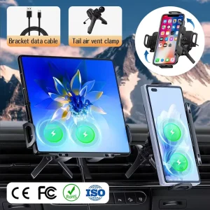 Custom X01 Foldable Screen Phone Holder Charger for Foldable Smartphones with CE FCC RoHS 15W Wireless Charging Car Stand