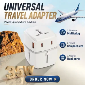 Customizable 35W GaN PD QC3.0 Universal Plug Adapter with 2 USB-C and 2 USB-A Ports for Laptop and Camera