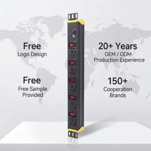 Customizable 5 Way Power Distribution Unit with 20A Overload Protection Surge Protection American Standard Sockets Black 19″ 1U