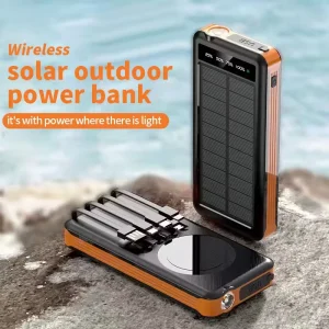 Customize Logo Solar Panel 10000mAh Waterproof Power Bank Case Built Cable Support Wireless Charging Type C LED Torch Mobile
