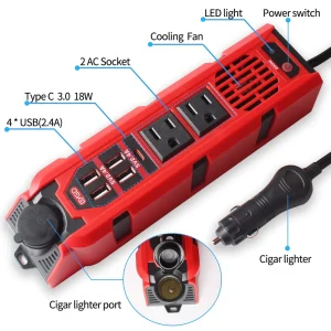 DC 12V to AC 110V 200W Modified Sine Wave Power Inverter with Type C Car Power Inverter