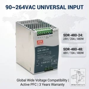 DIN Rail Power Supply 240W 24V 20A Industrial AC-DC Converter Single Output High Efficiency SDR-480-24
