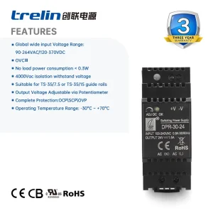 DPR-30 30W Plastic Case Din Rail SMPS OVC III Adjustable Voltage for Servo Controller & Security CE