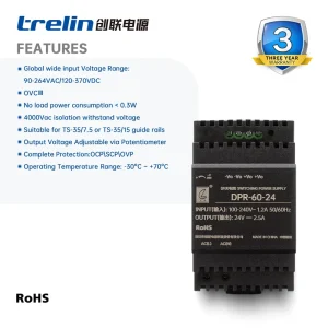 DPR-60 60W Din Rail PSU OVC III Fanless Natural Cooling for Visual Equipment and Industrial System CE