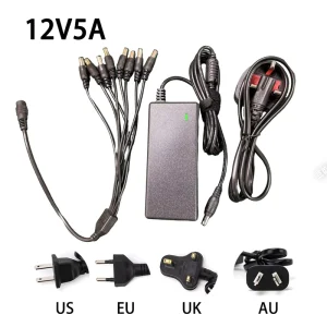 Desktop 12V 5A 1 to 8 Power Adapter Multi Output Switching Power Supply for LED Light Box Security Camera System Monitor Display