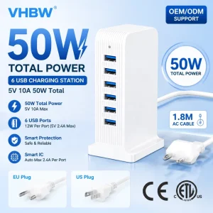 Desktop PD 6 Port Power Bank Adapter with Retractable Cable 50W Mobile Phone & Laptop Charger