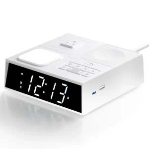 Dual Alarm Clock Charging Station With White Noise Machine USB-C/A Charging Ports 1850W AC Outlet 3 Level Night Light