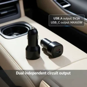 Dual-Port Car Charger USB-A and USB-C Independent Simultaneous Charging for Mobile Devices