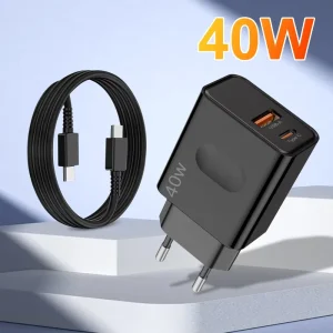 Dual-Port PD 40W USB-A USB-C Charger with Type-C Data Cable EU/US/AU/UK Plug Power Adapter for Mobile Phone