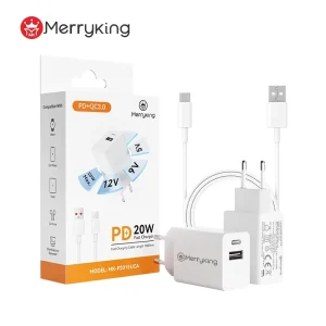 Dual Port USB-A Type-C Fast Charger EU Plug PD 20W with OTP & OVP Protection for Tablets Phones