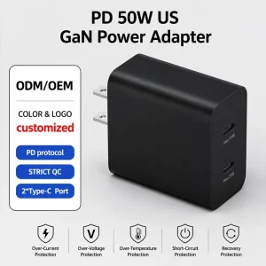 Dual USB C GaN Power Adapter 50W 25W US Plug PD Fast Charging Wall Charger Overload Protection Travel Use Mobile Supply