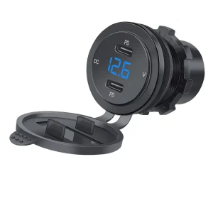 Dual USB-C Port Fast Charging Car Charger Socket Truck Marine Dash Mount USB Charger with Voltmeter for Mobile Phone Use