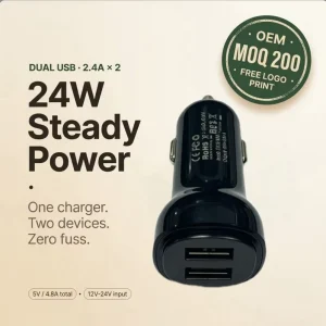 Dual USB Car Charger Adapter, 24W, 5V 2.4A per Port