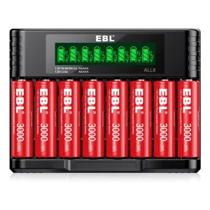 EBL Portable LCD Universal 8 Slots 1.5V Lithium Li Ion 1.2V NIMH NICD AAA Rechargeable Battery Charger With AA Batteries Set