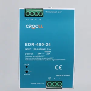 EDR-480-24 480W 24V DIN Rail AC-DC Switching Power Supply, CE/RoHS, -20 to 60C, 85% Efficiency