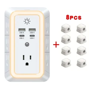 ETL Approved 7 AC Outlets Power Outlet Grounded US Plug PD20W Fast Charge Electrical Socket Wall Outlet Extender with Cable Clip