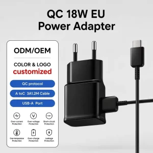 EU 18W Fast Phone Charger 3A 1.2M A to C Cable QC Wall Charger Overcurrent Short Circuit Power Adapter Charger