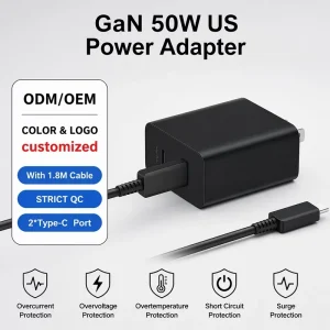 EU 50W GaN Wall Charger with Two USB-C Ports, 1.8M 5A C-to-C Cable, Overcurrent Protection