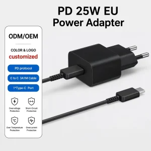 EU PD 25W Wall Charger with 1M Cable Kit, USB-C Power Adapter for Laptops, Cameras, Smartphones, and Hubs