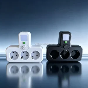 EU Plug 3-Way Power Strip Socket Adapter with Night Light, 1-to-3 Outlet Extender, On/Off Switch, Black/White