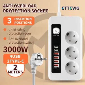 EU Standard Power Supply Board Extension Socket 3 AC 6 USB Ports Switches Charging Plug Adapter
