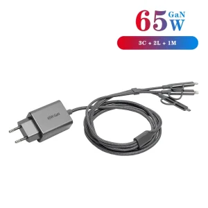 PD3.0 PPS 65W GaN All-in-one Power Adapter with 2 L 1 Micro USB 3 Type-C Ports for Laptop Camera & Earphone (EU AC)