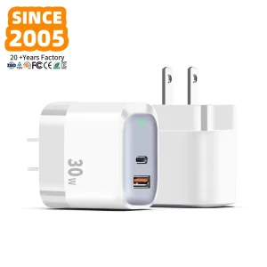 Factory Custom 30W PD QC3.0 Travel Charger with USB and USB-C Ports for Mobile Phones and Cameras