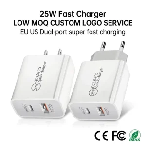 Factory Direct 25W QC 3.0 PD Dual-Port Wall Charger with EU/US Plug and OVP Safety Protection