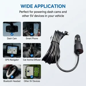 Red Light Dash Cam Power Cord 12V 24V to 5V 2A Cigarette Lighter Adapter Cable with Buck 11.5ft for DVR GPS Phone Mobile