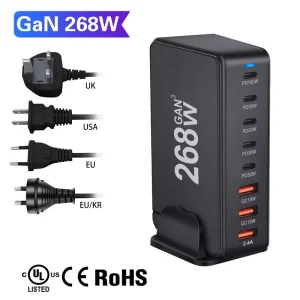 Factory Price 268W GaN Desktop Charger 8 Port USB PD Charger Quick Charge 3.0 USB Type C Fast Charging Mobile USB Charger SCP