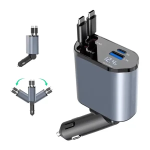 Fast Charger Car Phone Station Charger 4 In 1 LED Digital Display Retractable 2 Cables Type C Portable Chargers For Mobile