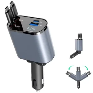 Fast USB C Retractable Car Charger LED Digital Display 120W 4 in 1 Quick Adapter 2 Port Type C PD Car Charging Station Charger