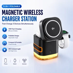 Foldable 5 in 1 Magnetic Wireless Charging Station Auto Rotate Charger with Retractable Cable & LED Night Light