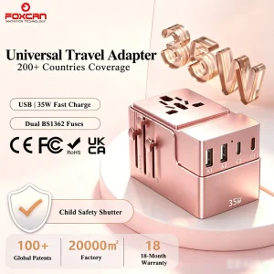 Foxcan All-in-One USB 2A2C Universal World Travel Adapter 35W Fast Wall Charger Laptop Camera Earphone Multi-Travel