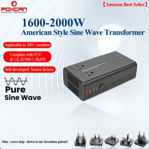 Foxcan High Power Pure Sine Wave 2000W AC Travel Converter USB Adapter W/ Multi Plug Step Down 220V to 110V Voltage Transformer
