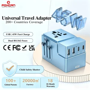 Foxcan Universal Travel Adapter 45W Type C USB Charger for Laptop International Electrical Plug Socket Travel Power Adapter