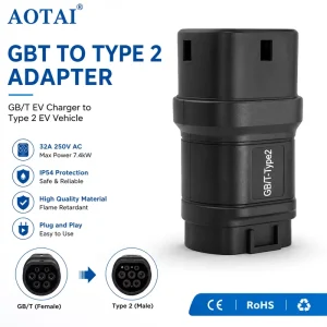 GB/T to Type 2 EV Charging Adapter 32A 250V AC Chinese Standard European EV Adapter IP54 Protection 7.4kW Max Power