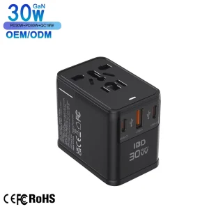 GaN 30W PD QC3.0 Fast Charger Travel Adapter with USB-C & USB-A Plugs for Laptop Earphone & Mobile Phone