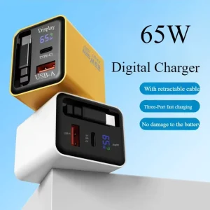 GaN Charger 65W Fast Charger Type C 2 with Retractable Cable & USB Display for Travel Phone Charging