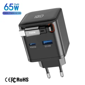 GaN PD 65W/35W Retractable Cable Fast Charger with USB-C Wall Charger, US EU AU UK Plugs, for iPhone 15 and Laptop